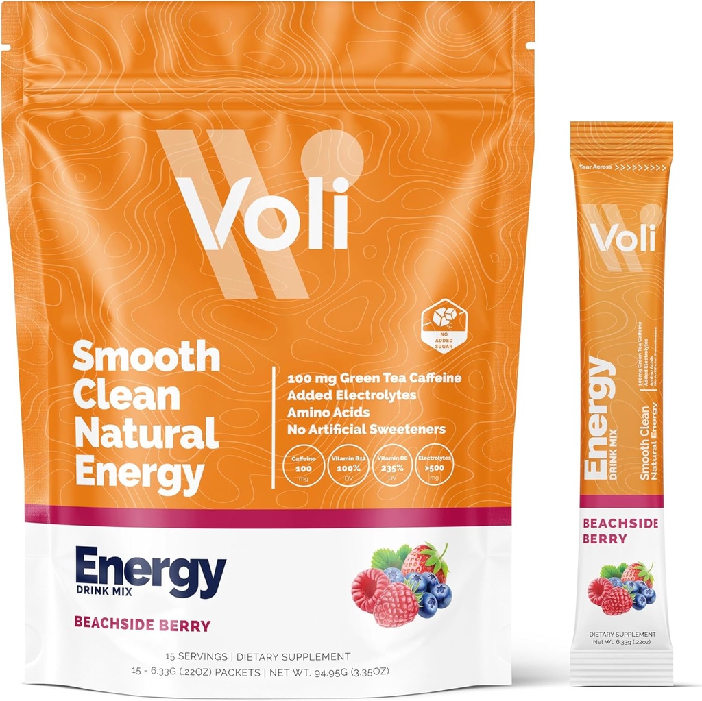 Voli Energy Drink Mix Packets (Powder Pre-Workout Natural) avec du thé vert Caféine & B Vitamines, acides aminés et électrolytes pour le focus soutenu, l'hydratation et l'énergie propre.