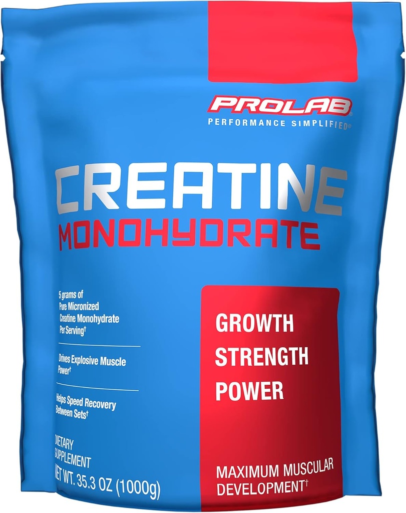 ProLab Nutrition Creatine Monohydrate Micronized Powder 1000G, Pure Creatine for Muscle Strength, Power & Endurance, Fast Absorbing, Unflavored, 5000mg Per Serv (5g) (200 Servings)