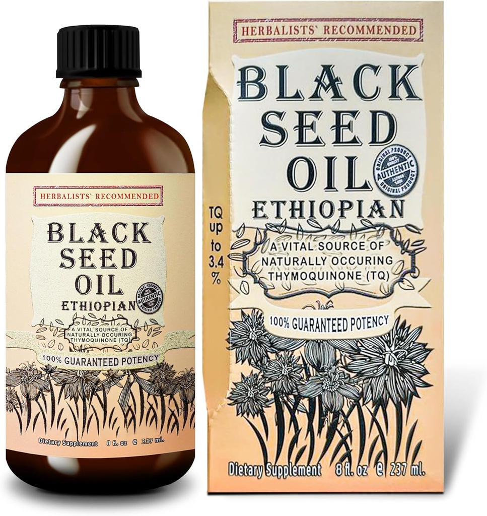 Black Seed Oil 8 oz - Cold Pressed Éthiopien Black Cumin Nigella Sativa, 3X Thymoquinone, 100% Pure & Organic Liquide dans la bouteille en verre - Supporte la santé immunitaire, des cheveux et de la peau