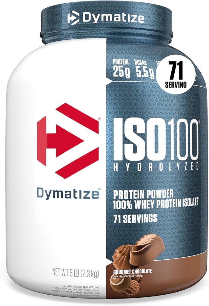 Dymatiser la poudre de protéines de lactosérum ISO100, chocolat gourmet, 25g de protéines, 5 livres, 5,5g BCAA, moins de 120cal., sans gluten, 1g de gras, 1g de sucre, 2g de glucides (71 portions)