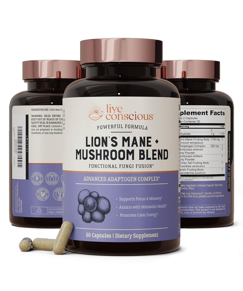 Live Conscient Lions Mane Mushroom Supplément Capsules pour le soutien du cerveau avec la Mane, Cordyceps, Reishi et Turkey Tail Mushrooms - Supplément mémoire cognitive pour le cerveau