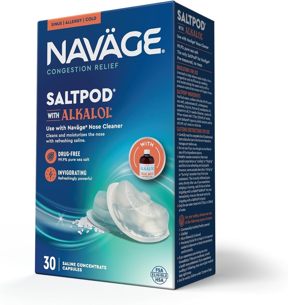 Navage SaltPod w/Alkalol 30 Pack (30 SaltPods) Salt Pod Recharges Uniquement - Système exclusif d'irrigation nasale - Sinus Rinse et Alkalol Pods pour un soulagement rapide et apaisant