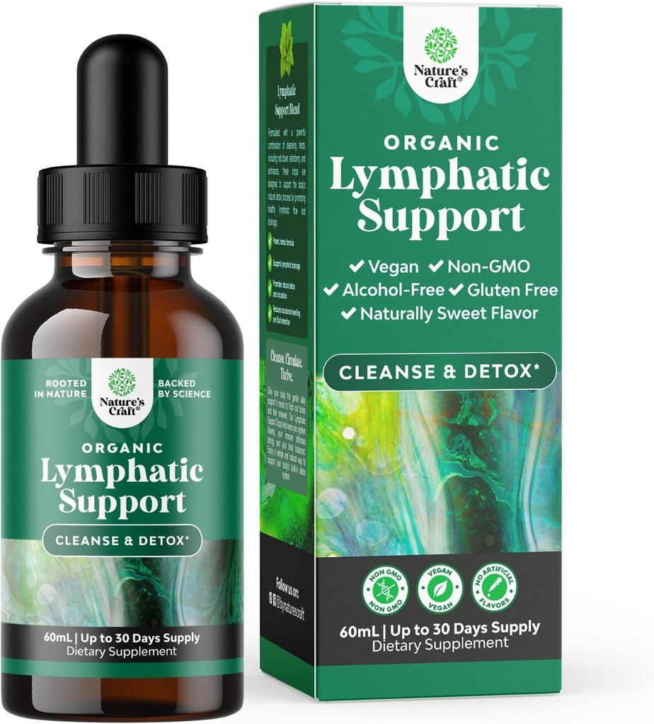 Gouttes de drainage lymphatique biologique certifiées - Nettoyant lymphatique à base de plantes et supplément de soutien immunitaire avec extrait d'échinacée et de trèfle rouge - végétalien non OGM sans alcool et sans sucre - 30 portions