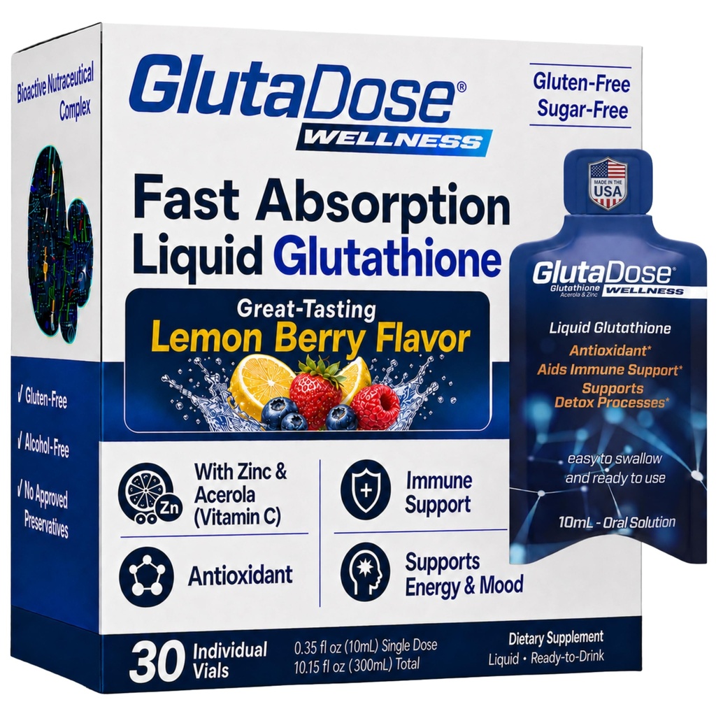 Supplément de glutathion liquide, Lemon Berry aromatisé Acerola Energy Booster w/Zinc, Vitamines et Minéraux quotidiens, Zéro préparation de sucre, Support Auto-Immune quotidien pour les adultes, 0.34 fl oz, Pack de 30