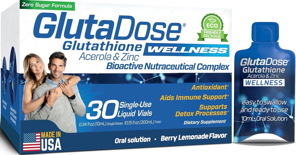 Supplément de glutathion liquide, Lemon Berry aromatisé Acerola Energy Booster w/Zinc, Vitamines et Minéraux quotidiens, Zéro préparation de sucre, Support Auto-Immune quotidien pour les adultes, 0.34 fl oz, Pack de 30