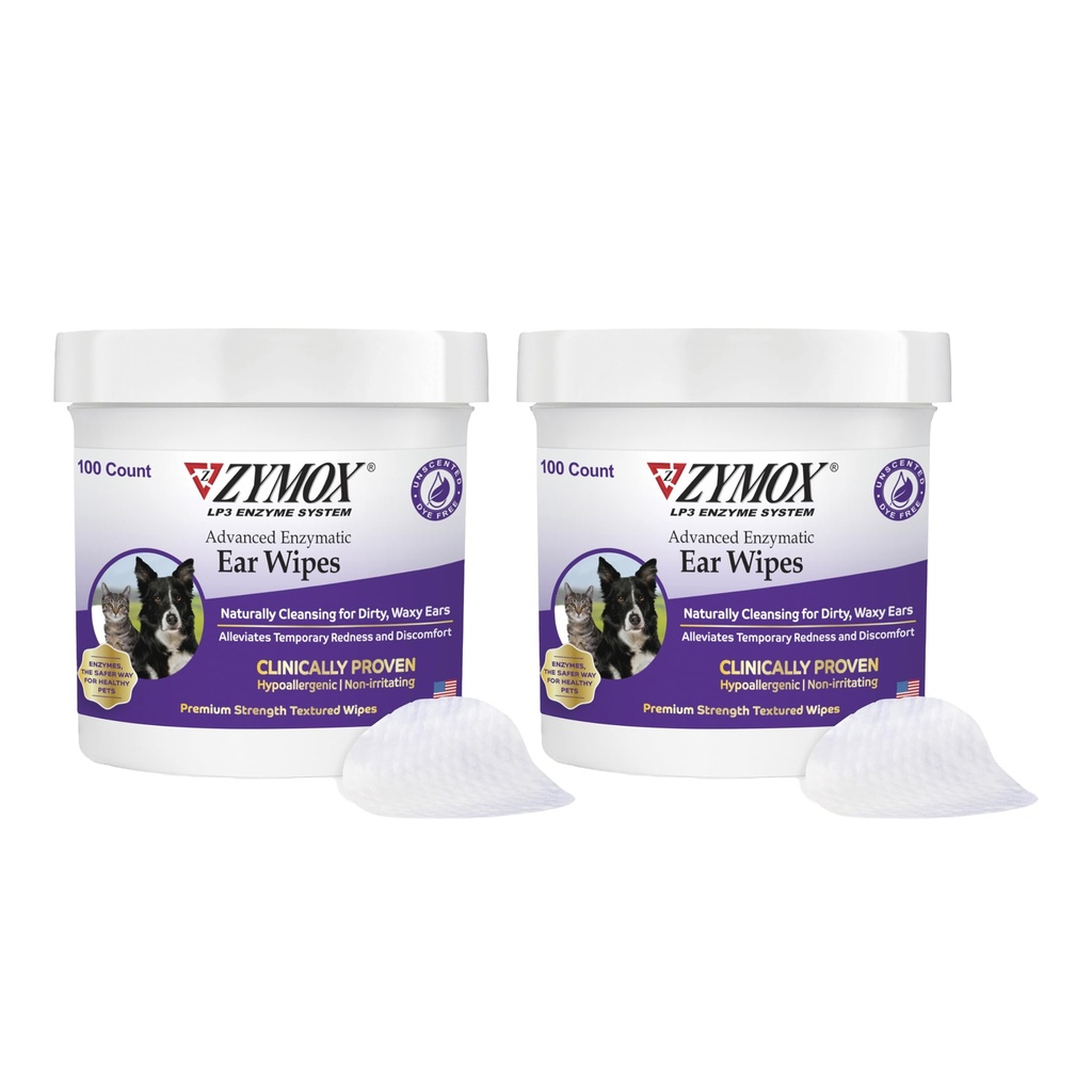 Wipes d'oreilles enzymatiques avancées Zymox pour chiens et chats - pour les oreilles dirty, Waxy, Smelly - Wipes nettoyantes d'oreille de haute résistance - non irritant - hypoallergénique (100 Count-Pack de 2)