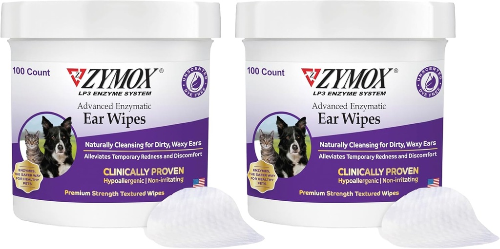Wipes d'oreilles enzymatiques avancées Zymox pour chiens et chats - pour les oreilles dirty, Waxy, Smelly - Wipes nettoyantes d'oreille de haute résistance - non irritant - hypoallergénique (100 Count-Pack de 2)