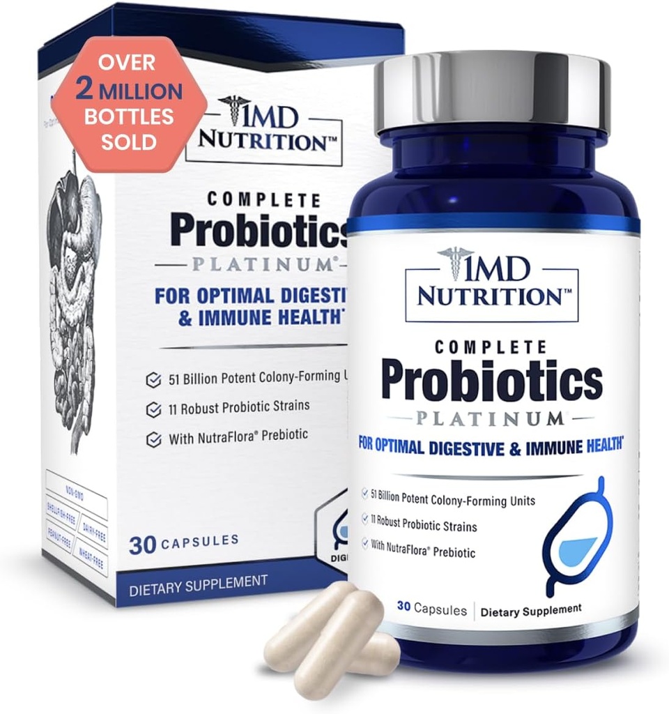 1MD Nutrition Probiotiques complets Platine - w/Prébiotiques et probiotiques pour la santé digestive - Supplément probiotique pour les femmes et les hommes - Plus de 50 milliards de CFU vivants 11 souches sans lait - 30 capsules