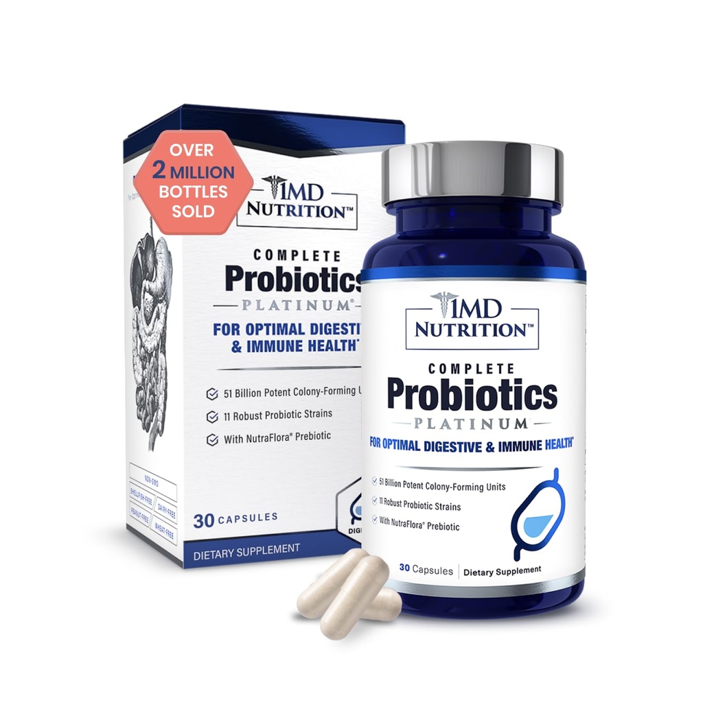 1MD Nutrition Probiotiques complets Platine - w/Prébiotiques et probiotiques pour la santé digestive - Supplément probiotique pour les femmes et les hommes - Plus de 50 milliards de CFU vivants 11 souches sans lait - 30 capsules