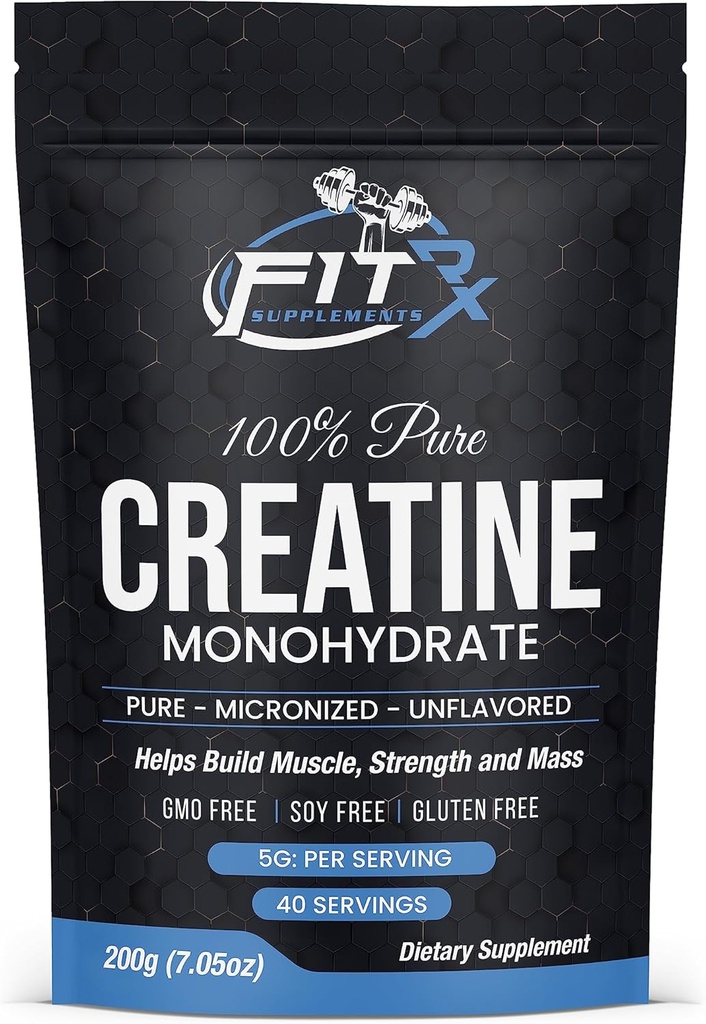 FITRxSupplements.com Poudre monohydratée de créatine pure - Zero Added Ingredients - Pas de calories, 5g par portion, Sans saveur 40 portions, 200g, Dissolve rapide