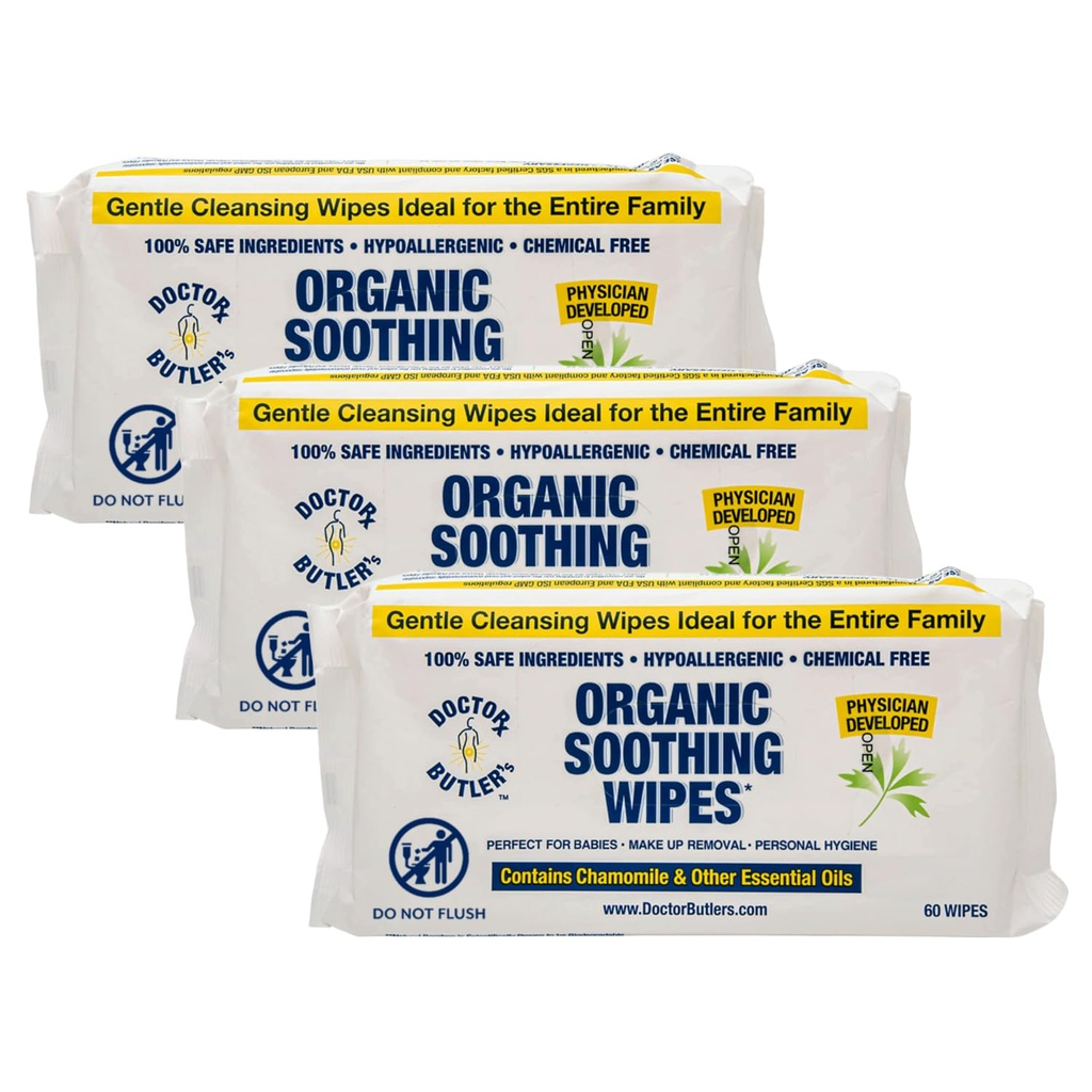 Wipes apaisantes du docteur Butler – Wipes humides tout-puissantes pour la peau sensible, Wipes faciales et Wipes pour bébés avec camomille et huiles essentielles* (3 pack – 60 comte)