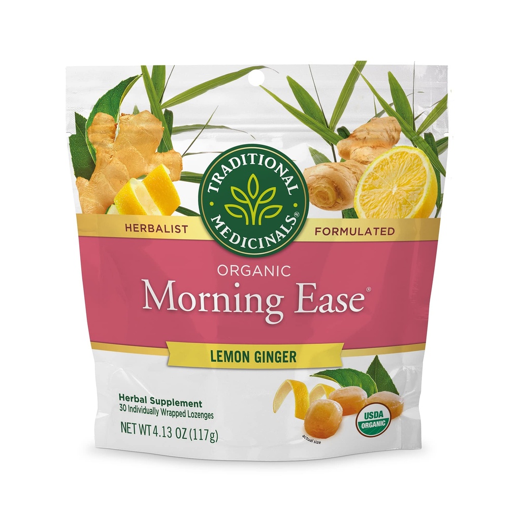 Médicaments traditionnels Organic, Morning Ease Lozenges, Lemon Ginger - Soutiens Grossesse Nausées Relief & Matin Maladie associée à une grossesse normale - 30 Lozenges emballés individuellement