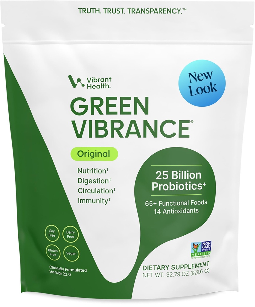 Santé vive, Vibrance verte, comprend 65 superaliments à base végétale, 25 milliards de probiotiques, fibre, adaptogènes et enzymes, 83 portions