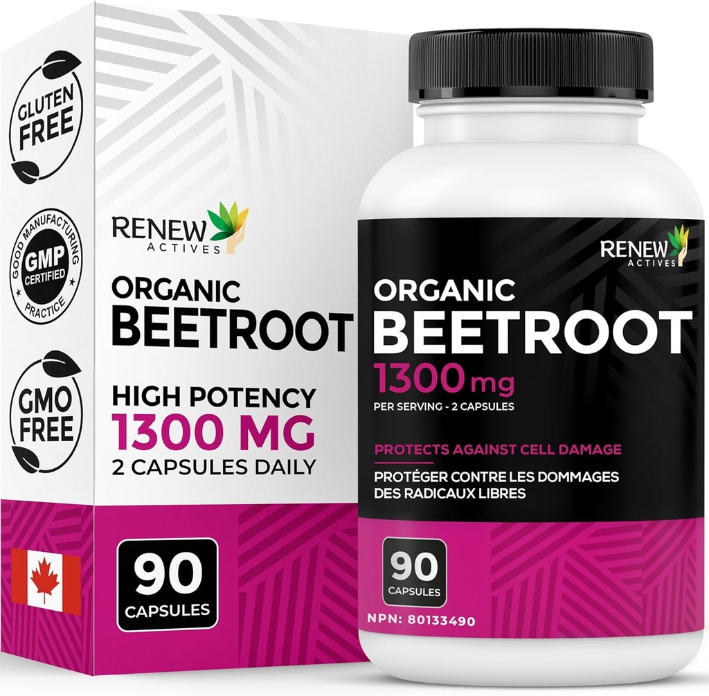 Renouveler le supplément biologique de betterave 1300MG par 2 capsules - Poudre de betterave pure pour la circulation, l'énergie naturelle et les avantages antioxydants - Superfood haute puissance, fabriqué au Canada - 90 capsules