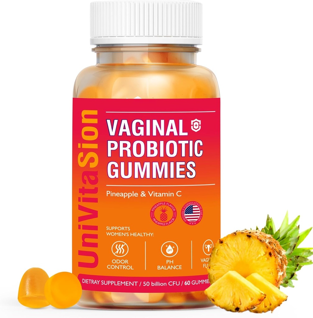 UniVitaSion Probiotiques vaginaux Gommies pour femmes, 50 milliards d'UCF - PH Balance, odeur vaginale, flore vaginale, traitement de l'infection des levures pour les femmes, vitamine C pour la santé immunitaire, ananas hawaïen Flavor