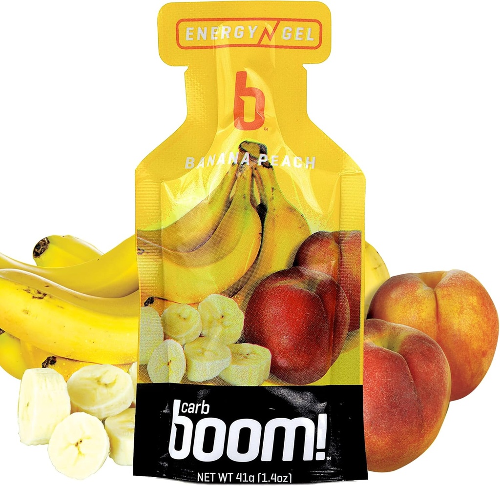 Boom Nutrition Gel d'énergie - Gels d'énergie aromatisés aux fruits - Gel d'entraînement - Gel d'énergie pour le vélo - Gel de course - Gel d'énergie naturelle - Banana Peach (24 Pack)