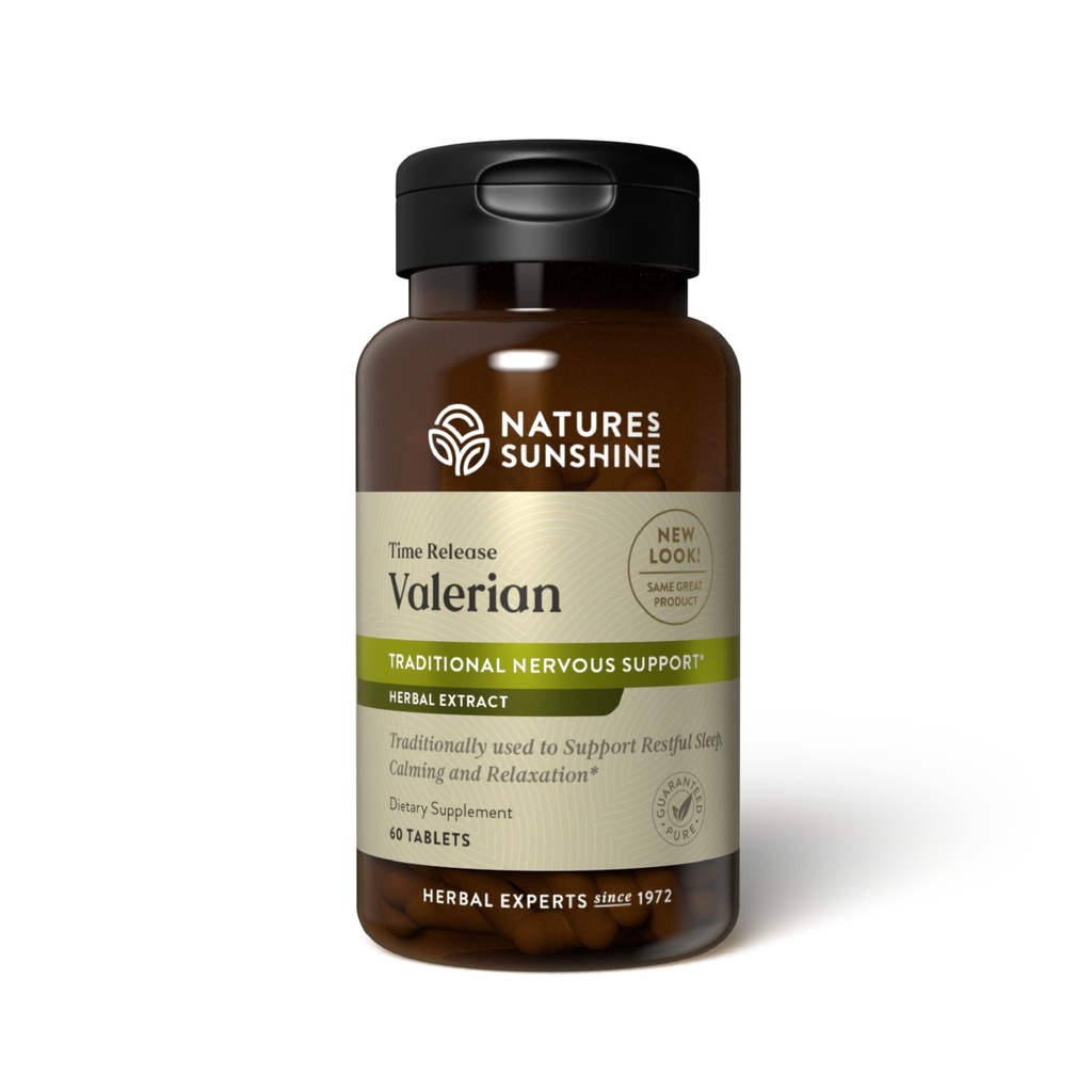 Nature's Sunshine Valerian Root Extract Time Release, 60 Capsules de supplément à base de plantes favorise la relaxation, soutient le sommeil et offre un système nerveux naturel