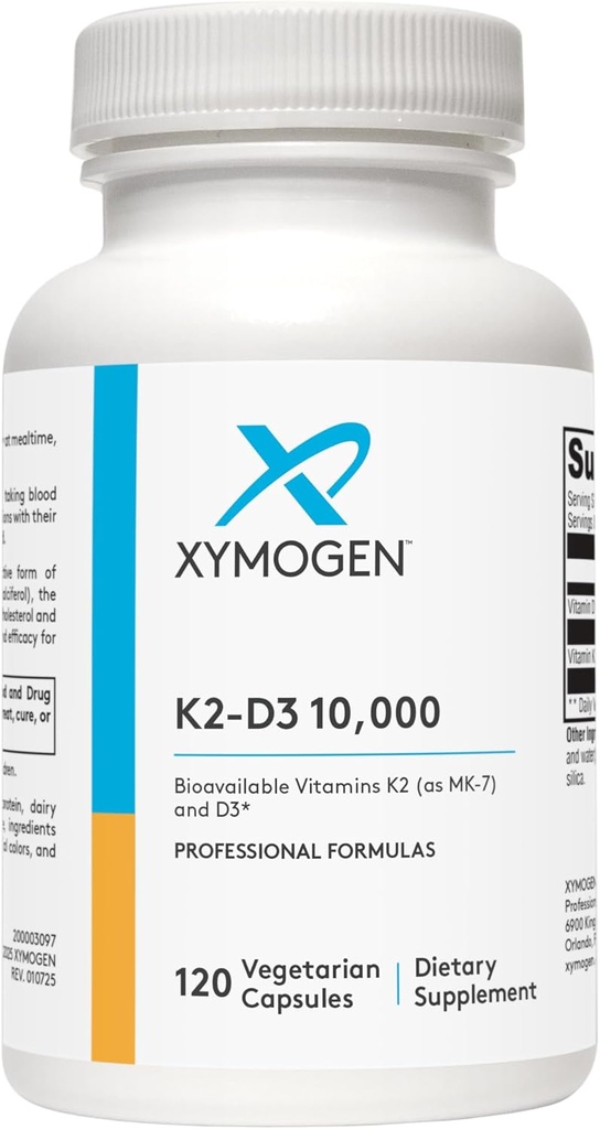 XYMOGEN K2-D3 10000 - Vitamine D3 K2 - Biodisponible Vitamine D 10 000 UI (cholecalciferol) avec MK-7 - Santé du coeur, artérielle, osseuse + supplément de soutien immunitaire (120 capsules)