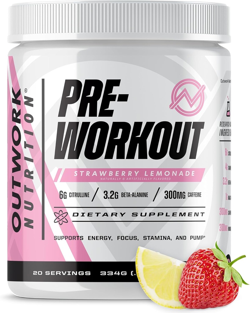 Outwork Nutrition Pré-entraînement pour les hommes et les femmes - Nootropic Pré-travail sans créatine, pré-entraînement en poudre avec Taurine Rhodiola Citrulline Malate Beta Alanine Caféine (Lémonade de Strawberry)
