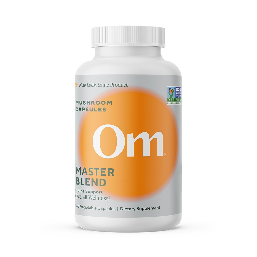 OM Master Blend Capsules de champignons - Supplément de champignons biologiques avec 10 champignons et Ashwagandha – Immunité de soutien, Gut Health & Stress Relief, 168 Comte (56 portions)