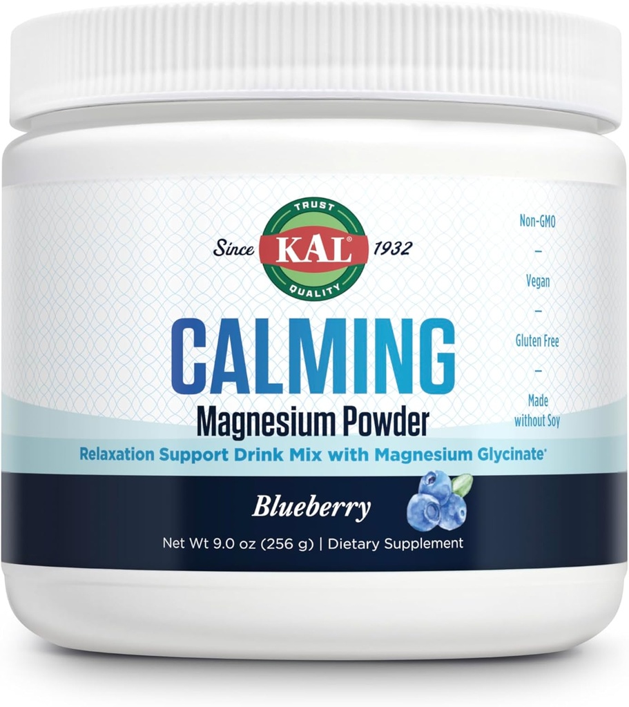 KAL Calmant poudre de magnésium - supplément de magnésium de saveur bleue - haute absorption, support de relaxation, pas de sucre ajouté, végétalien, sans gluten, fait sans soja - 40 portions, 9 oz