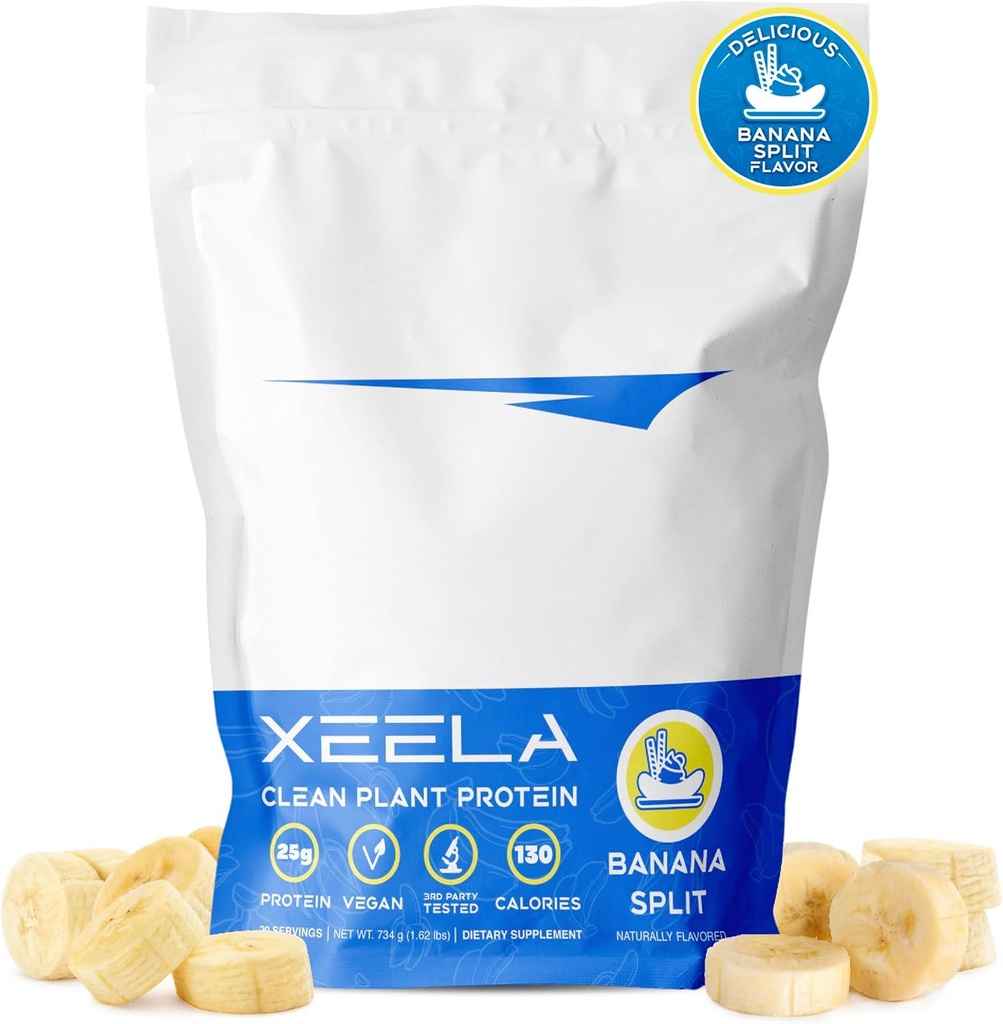 Poudre de protéines végétales XEELA - Testé indépendamment - 25g de protéines élevées, de pois pour les hommes et les femmes - Vitamines et minéraux, non OGM, sans produits laitiers et sans gluten, faible teneur en glucides et faible teneur en gras (Banana Split)
