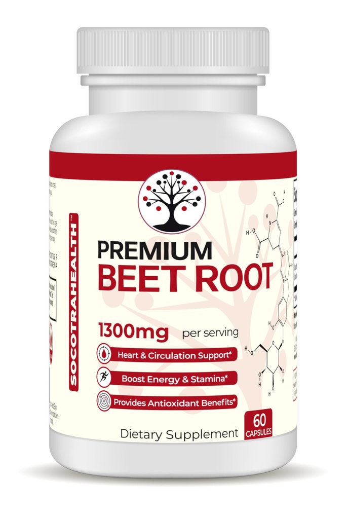 Capsules de betteraves - Poudre de betteraves biologiques premium - Supplément à l'oxyde nitrique - Santé cardiaque, Circulation et Support de l'endurance - Non-OGM - 60 Capsules Vegan