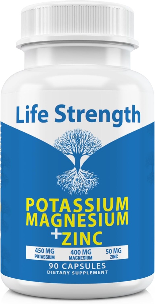 Life Strength Magnésium Potassium Suppléments + Zinc 90 Capsules pour la santé vasculaire – Haute absorption Vegan, Ingrédients naturels Supplément pour les crampes des jambes et le sommeil