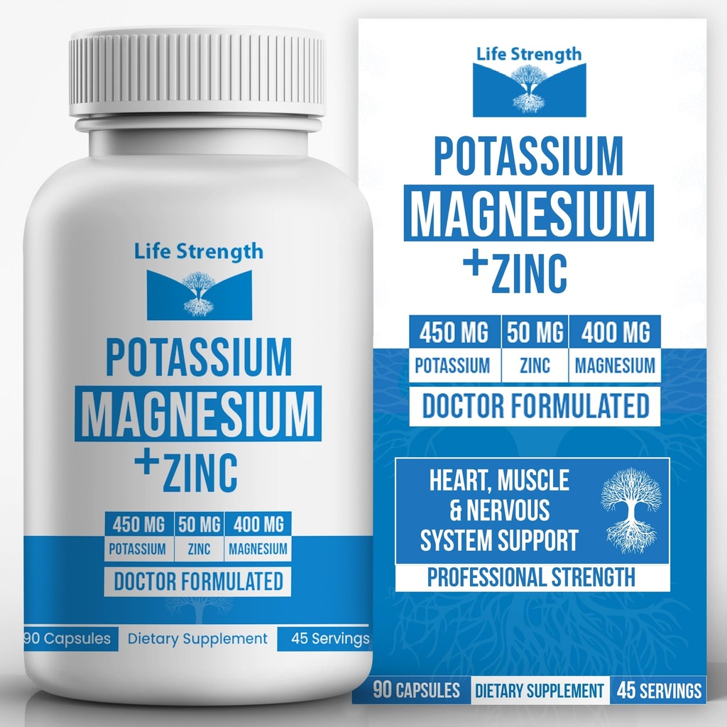 Life Strength Magnésium Potassium Suppléments + Zinc 90 Capsules pour la santé vasculaire – Haute absorption Vegan, Ingrédients naturels Supplément pour les crampes des jambes et le sommeil