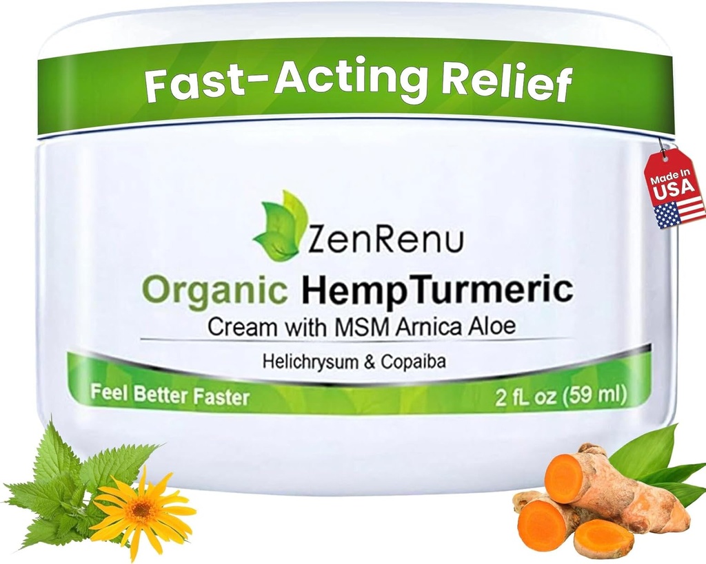Zenrenu Organic Hemp Turmeric Joints & Muscle Cream avec Arnica, MSM, Extrait d'huile de chanvre et 7 huiles essentielles - Absorbage rapide et non gras pour le dos, le cou, les elbows, les genoux et la hanche 4 oz