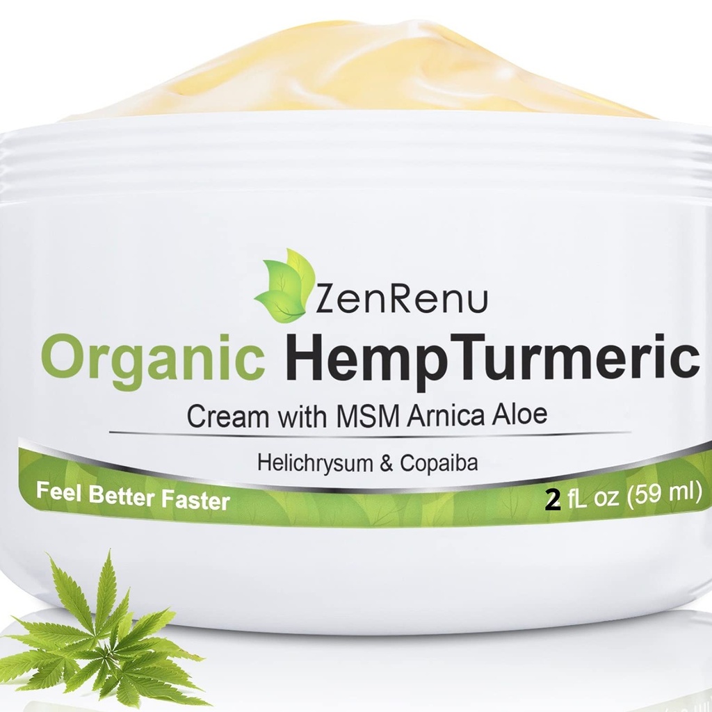 Zenrenu Organic Hemp Turmeric Joints & Muscle Cream avec Arnica, MSM, Extrait d'huile de chanvre et 7 huiles essentielles - Absorbage rapide et non gras pour le dos, le cou, les elbows, les genoux et la hanche 4 oz