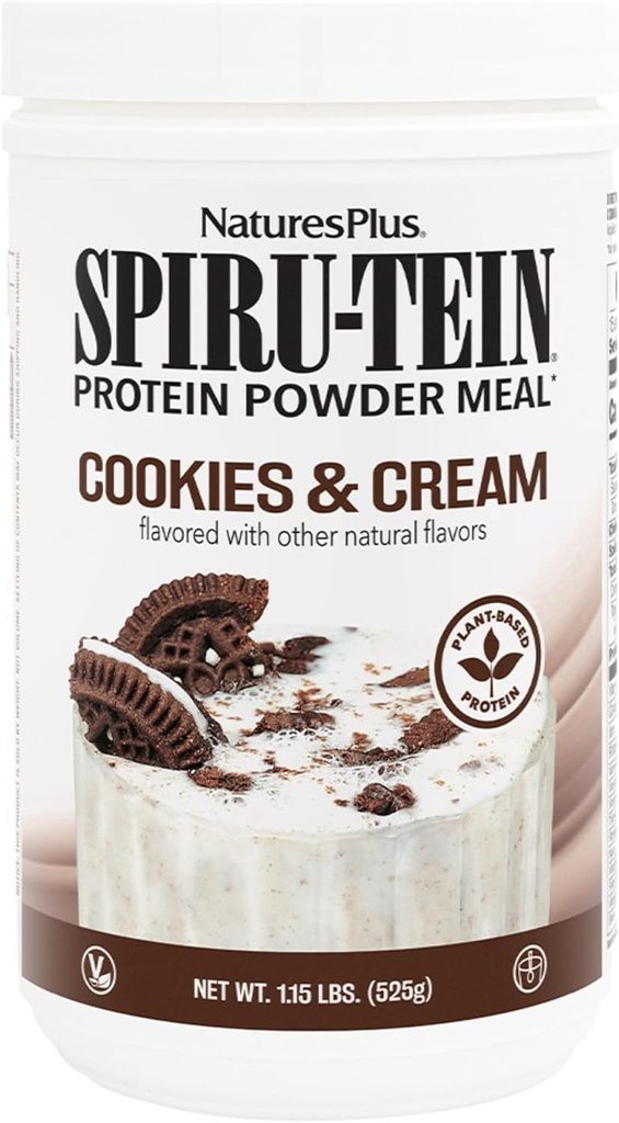NaturesPlus SPIRU-TEIN Shake - Cookies et crème - 1,15 lbs, poudre de protéines de spiruline - substitut de repas à base de plantes, vitamines et minéraux pour l'énergie - Végétarien - 15 portions