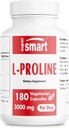 Supersmart - L-Proline 3000mg par jour (forte résistance) - Production normale de collagène - Supplément proline acide aminé - Sans OGM et sans gluten - 180 capsules végétariennes