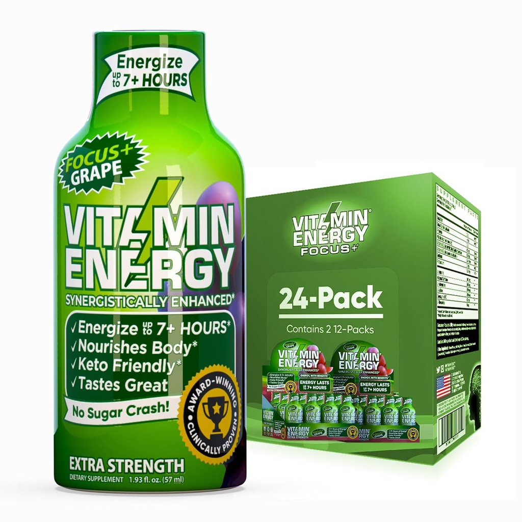 Vitamine Energy Focus+ Extra Strength Energy Shot Grape 24 Pack, 260mg Caféine naturelle, B-Vitamines, CoQ10, Acides aminés, Focus, Productivité et Clarté, Zéro sucre, Sans gluten, 1,93 fl oz