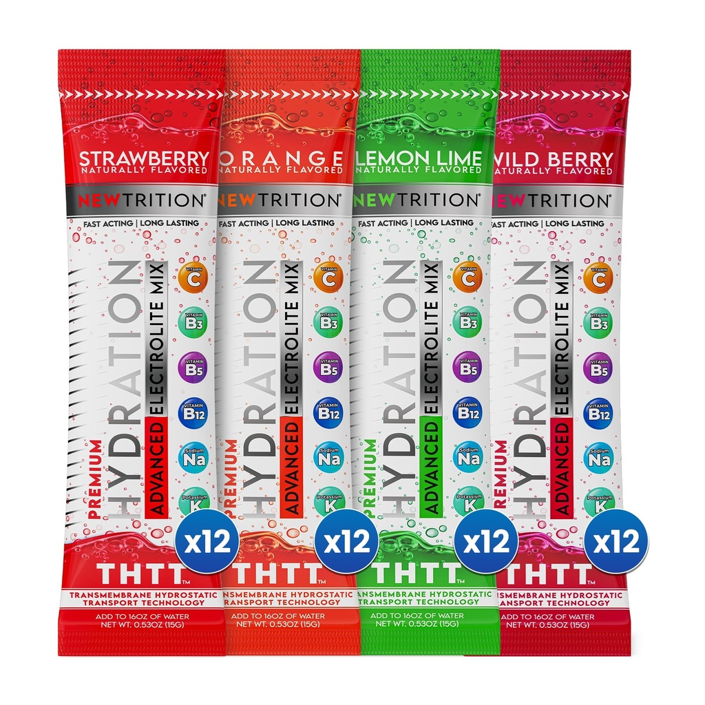 NouveauTrition® Poudre d'hydratation - Paquet de 48 Paquets de poudre d'électrolyte, Paquets d'hydratation naturellement aromatisés pour l'eau, Electrolytes à action rapide avec vitamines, Lime, Fraise, Orange, Berry sauvage