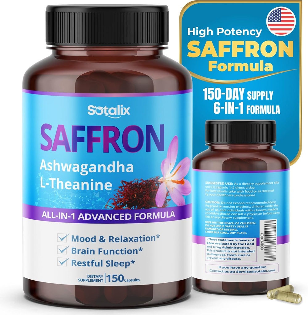 Saffron with Ashwagandha, Ginseng, L-Theanine, Relaxation, Restore - USA Made & Tested (150-day Supply (Pack of 1))