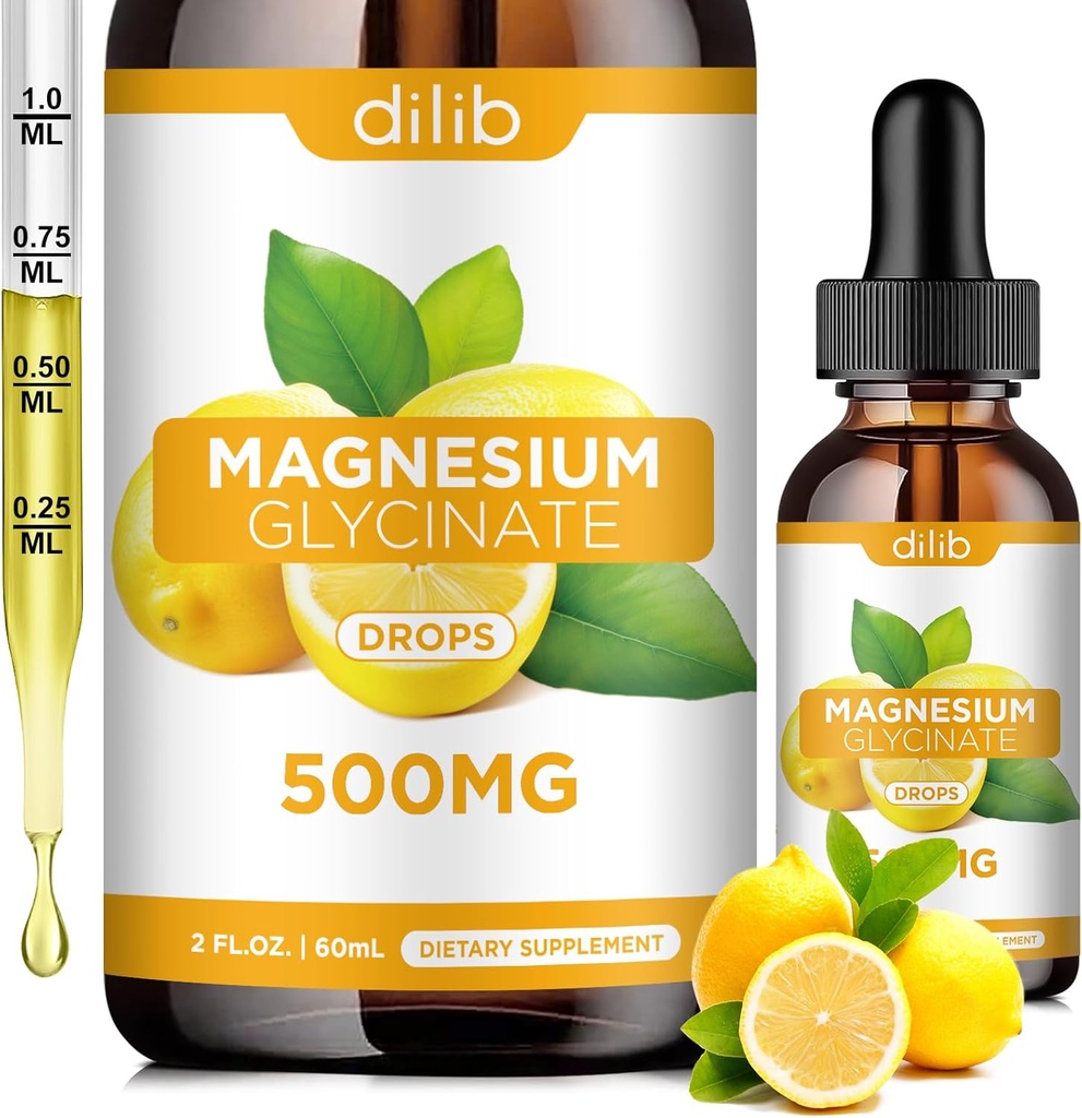 Supplément de glycinate de magnésium, gouttes liquides de glycinate de magnésium 500mg avec du calcium, du zinc, de la vitamine B6, D3, L-Theanine, Omega 3 pour le sommeil, l'humeur, le soulagement du stress, os, muscles, goût de citron