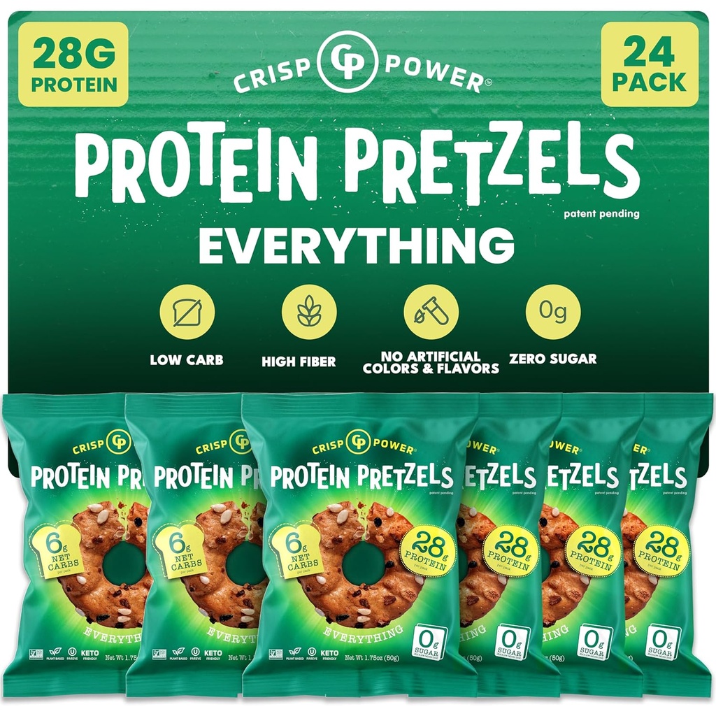 Crisp Power Protein Pretzels, Tout, High Protein Vegan Keto Snack, 28 G Protéines à base de plantes, Faible Carb Crunchy Pretzel Snacks, Sans sucre, Pas d'huiles de graines, 1.75 oz sacs, 24 Pack