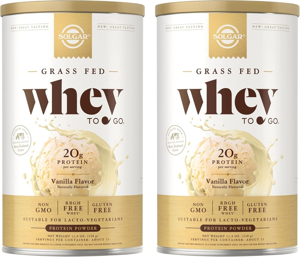 SOLGAR Grass Fed Whey to Go, Vanilla - 11.9 oz, Pack of 2 - Grass-Fed Whey Protein Powder - rBGH Free, Non-GMO, Gluten Free - 26 Total Servings