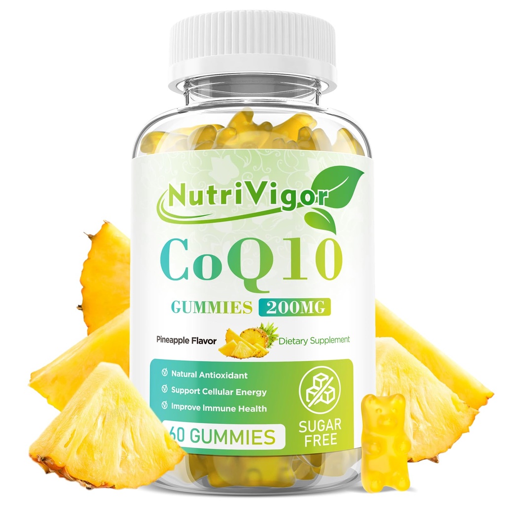 CoQ10 Gummies, Coenzyme Q10 Supplément 200 mg, Supplément à haute absorption CoQ10 pour l'énergie cellulaire et la santé immunitaire, végétalien, sans gluten, saveur d'ananas, 60 Nombre