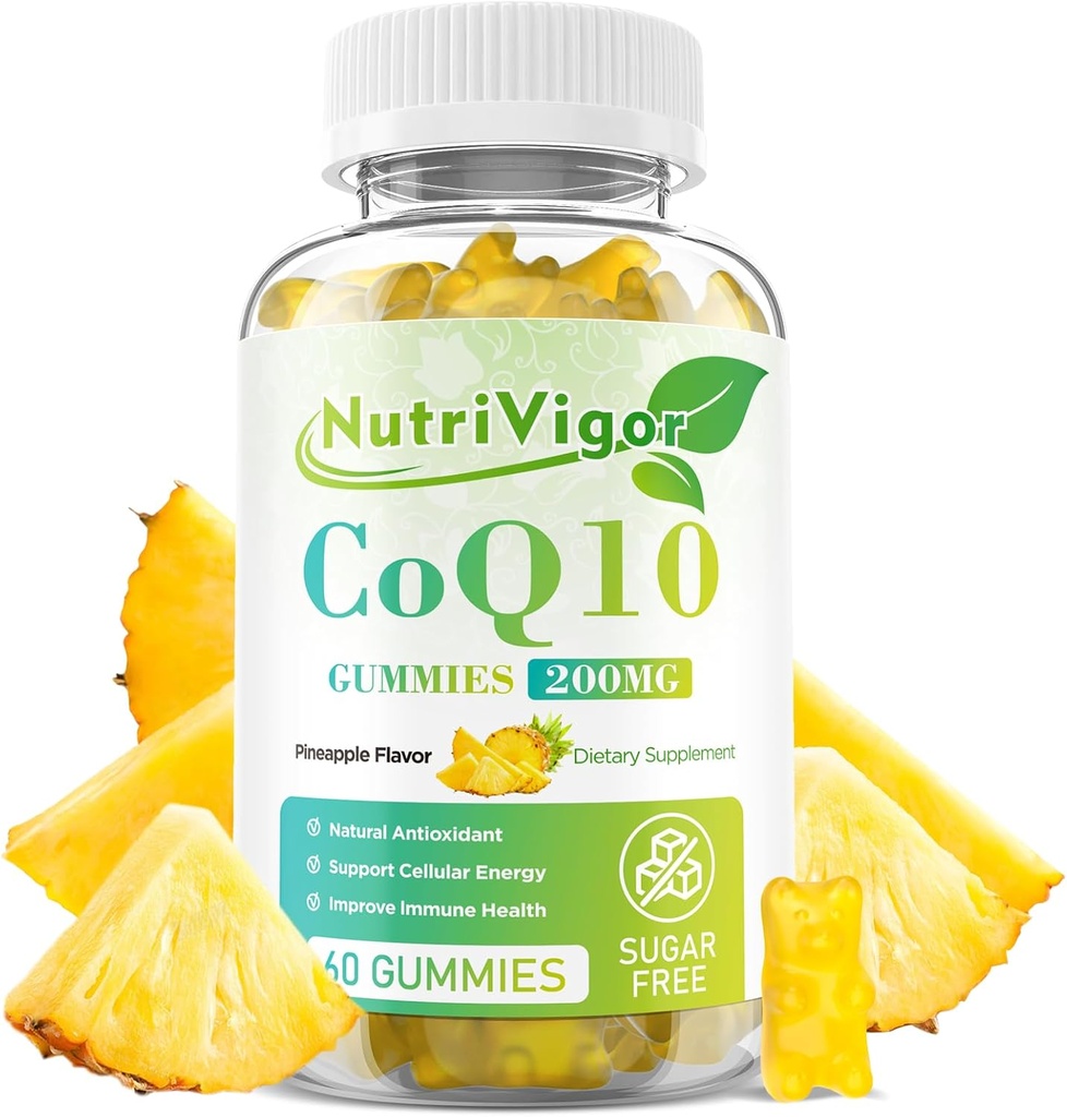 CoQ10 Gummies, Coenzyme Q10 Supplément 200 mg, Supplément à haute absorption CoQ10 pour l'énergie cellulaire et la santé immunitaire, végétalien, sans gluten, saveur d'ananas, 60 Nombre