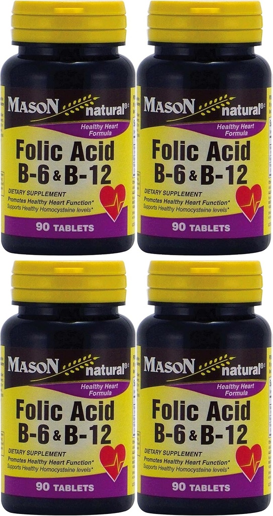 Vitamines Mason Acide folique B-6 et B12 Formule de santé cardiaque 90 Comprimés par boîte de bouteille de 4 Total 360 Comprimés