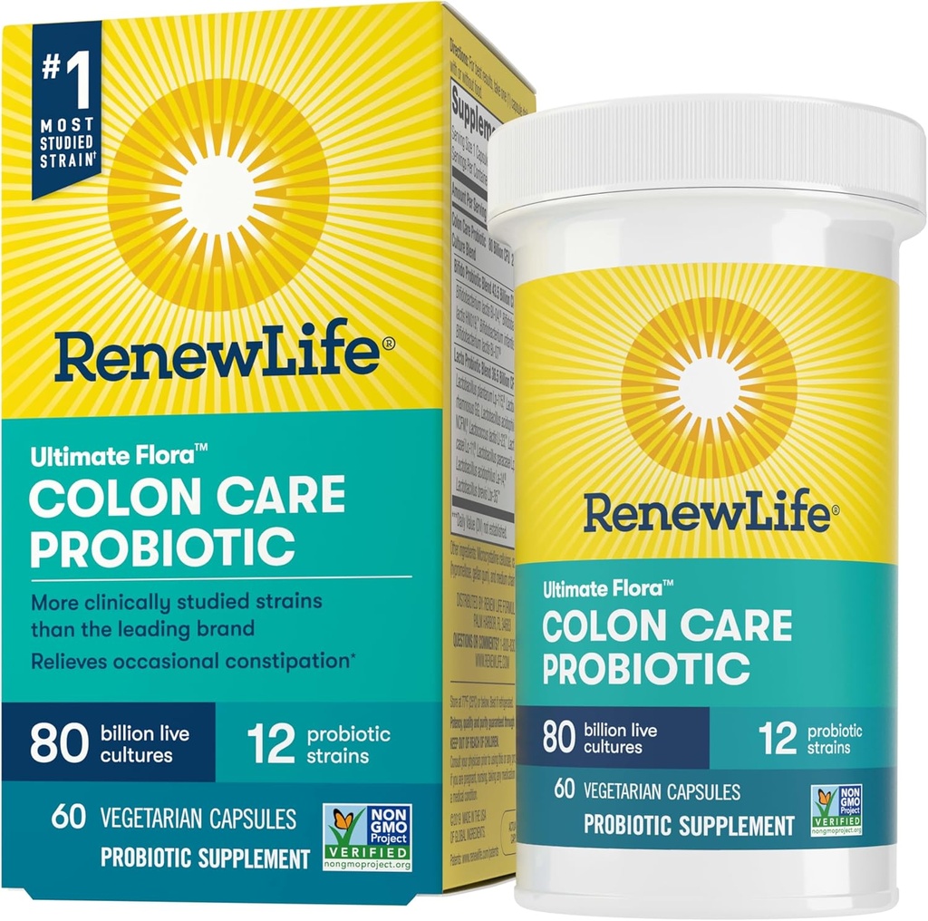Renouveler la vie Probiotic Colon Care Probiotic Capsules, Supplément quotidien offre Colon Support, L. Rhamnosus GG, Laiterie, Soy et sans gluten, 80 Million CFU, 60 Compte