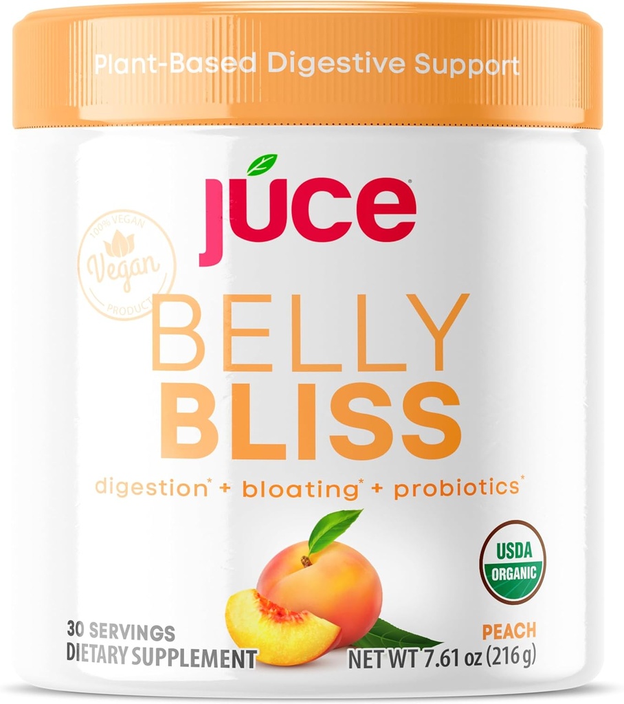 Júce Belly Bliss, Peachy Greens, 30 portions, Probiotiques + Verts, Bloating support avec des enzymes digestives à base végétale, supplément alimentaire en poudre - Par Terra Kai Organics