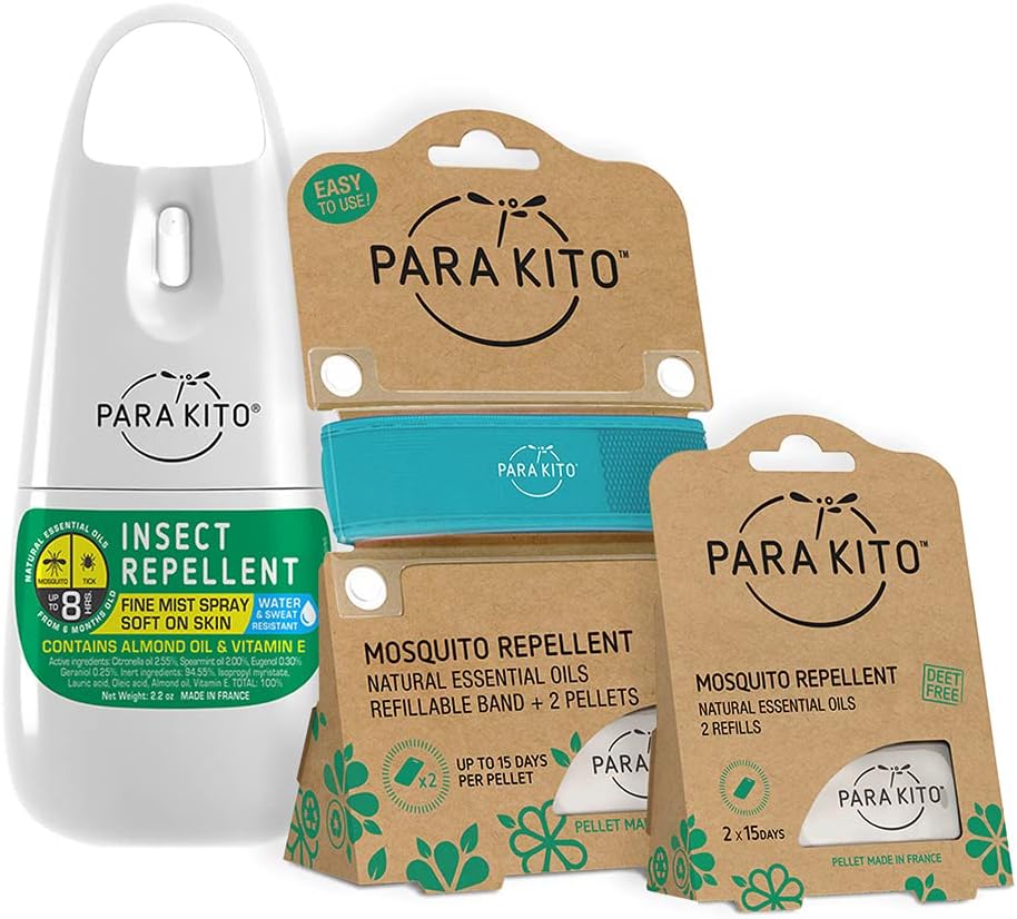 PARAKITO Mosquito, Insecte & Bug Spray Bundle - Inclut Spray, Turquoise Wristband & 4 Recharges
