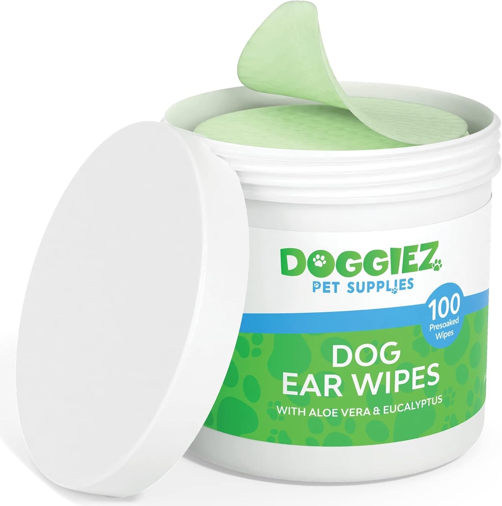 Wipes de nettoyage de l'oreille des chiens avec Aloe Vera et Eucalyptus (100 comte) Traitement de l'oreille Nettoyant otique pour chiens- aide les démangeaisons et les irritants de l'oreille - sans danger pour les chiots plus de 12 semaines