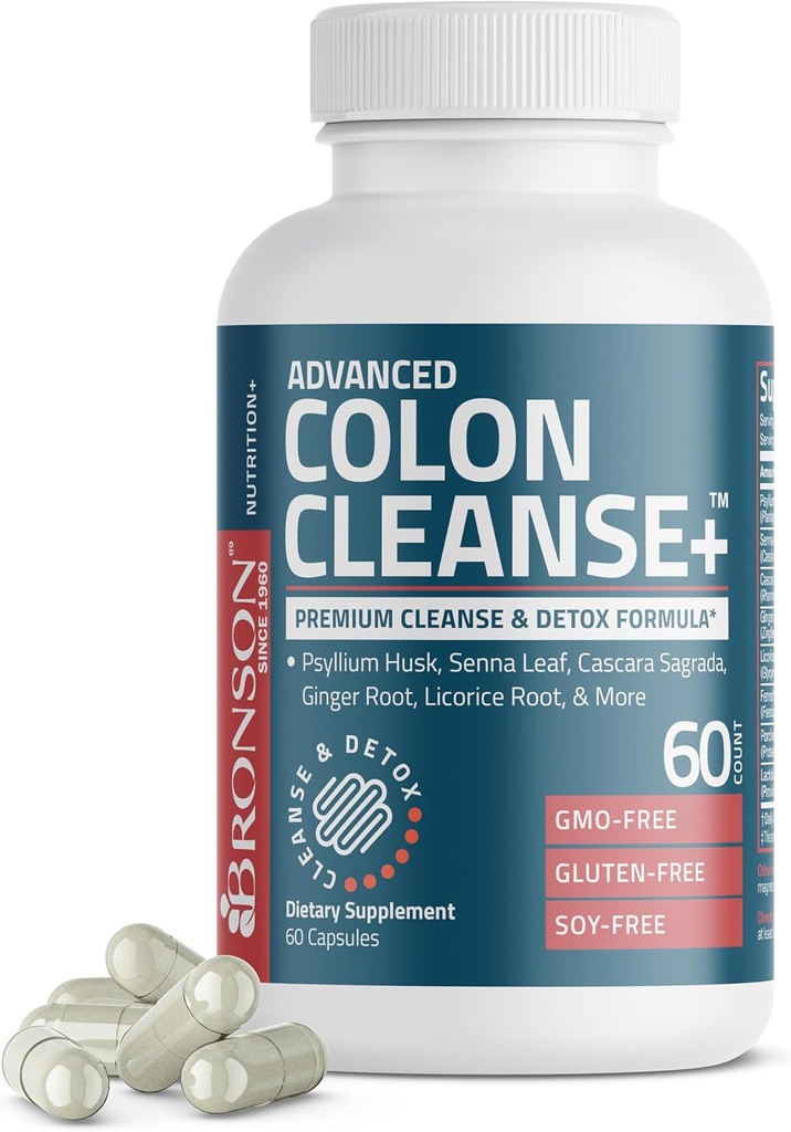 Bronson Advanced Colon Cleanse Premium Cleanse & Detox Formula avec Psyllium Husk, Senna Leaf, Cascara Sagrada, racine de gingembre, racine de réglisse et plus, non-OGM, 60 capsules