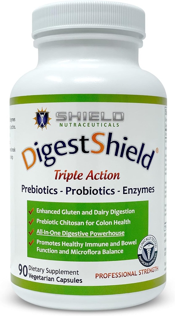 DigestShield® Supplément probiotique et prébiotique + enzymes digestives, battre la Bloat, digérer en toute sécurité les produits laitiers, le gluten et les aliments transformés, réduire l'absorption des graisses avec le chitosan, approvisionnement en viande 90