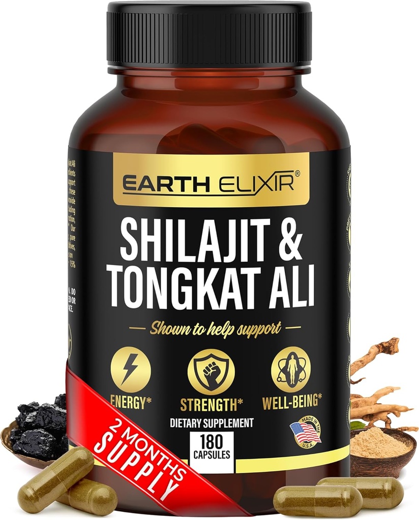 Elixir de la Terre Shilajit 1000mg & Tongkat Ali 400mg (180 Capsules) Fabriqué aux États-Unis-Supplement Shilajit (20% Acide Fulvic) Shilajit Pure Himalayan Organic & Tongkat Ali pour les hommes Plus Potent que la résine Shilajit