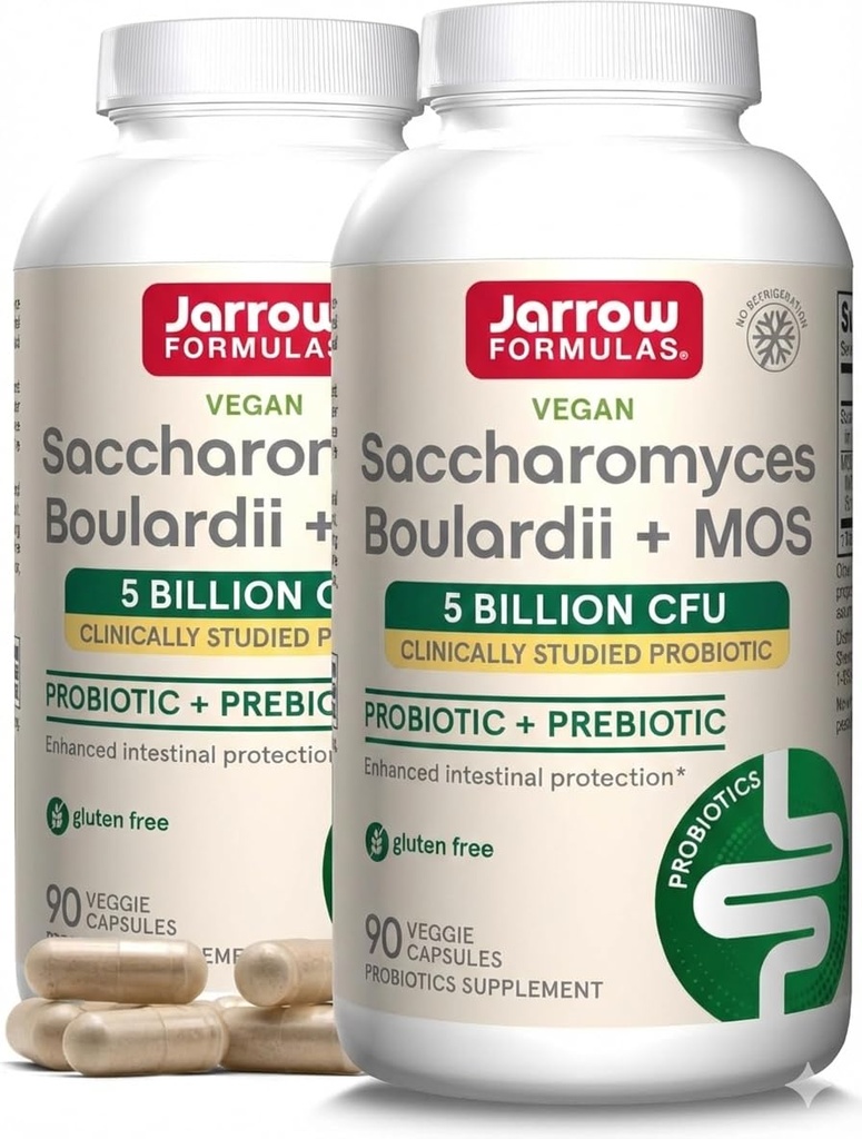 Formules de Jarrow Saccharomyces Boulardii + MOS - 5 milliards d'organismes viables par portion - 90 capsules végétatives à libération différée, 2 paquets - Probiotiques + Prébiotiques - Soutien au piège intestinal - Jusqu'à 180 portions